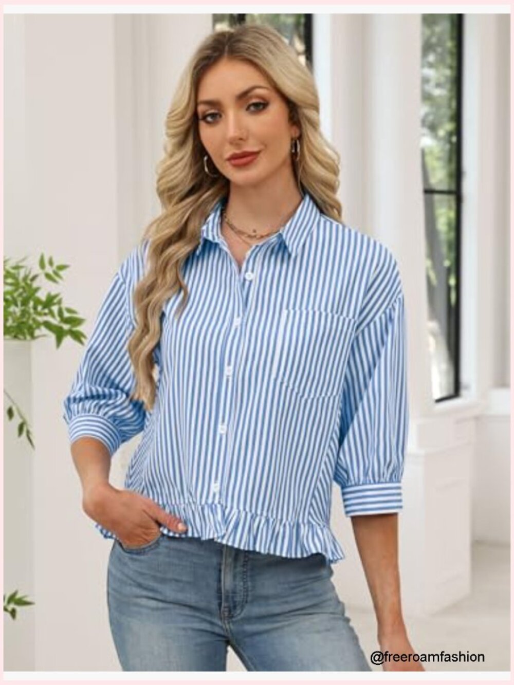 Womens 3/4 Sleeve Button Down Ruffle Babydoll Blouse Loose Fit Striped - Picture 2 of 7